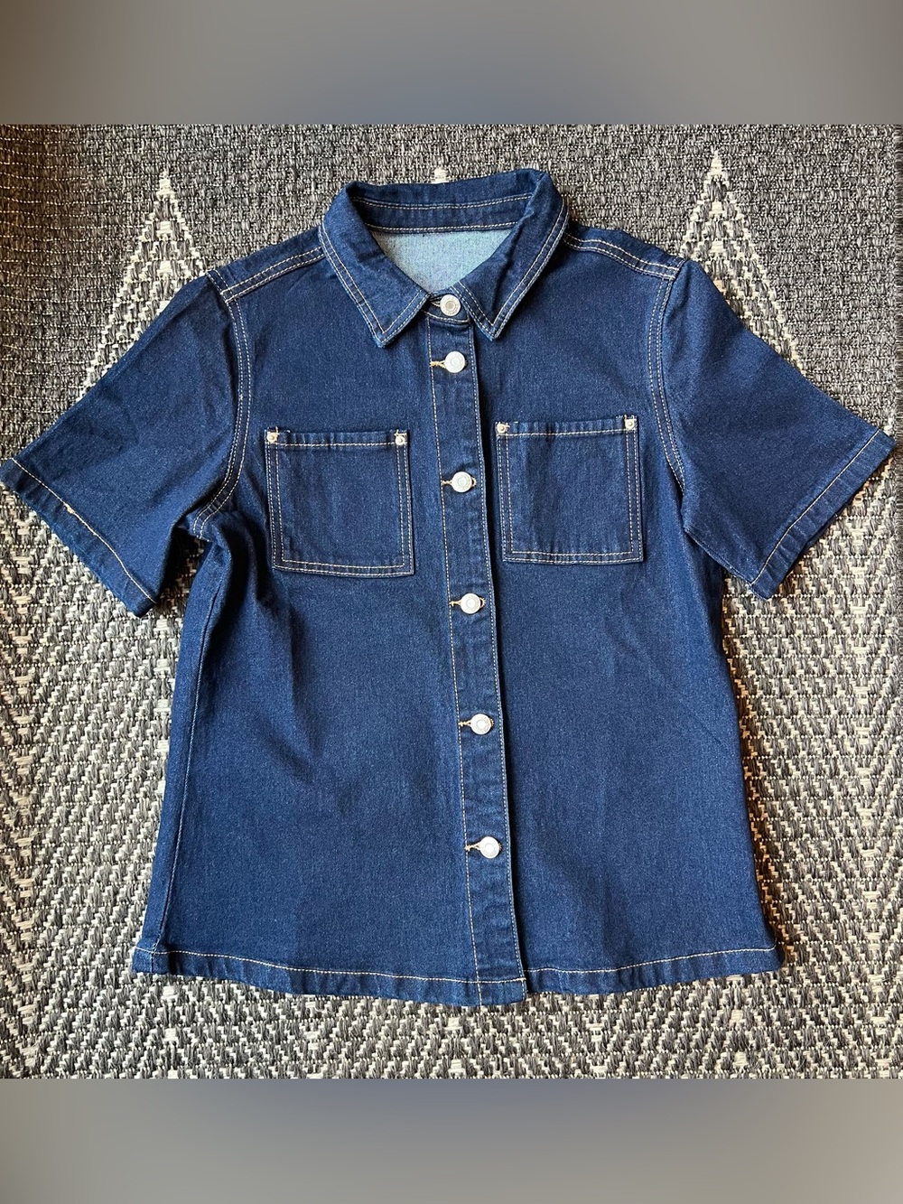 SheIn Women's Dark Blue Stretch Denim Button-Up Collared Short Sleeve Shirt M